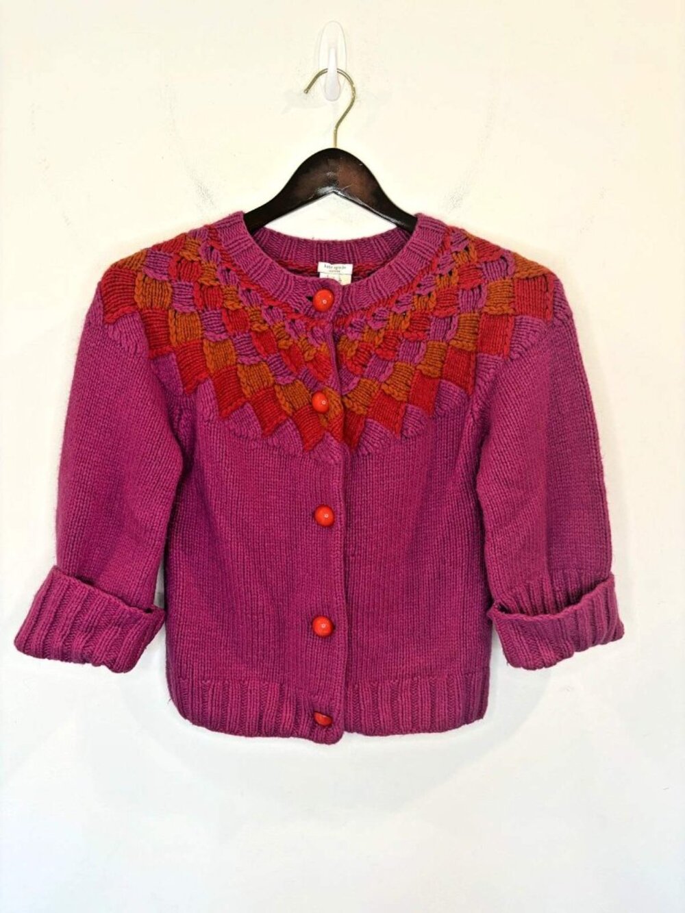 Kate Spade Chunky Cardigan Sz M Wool Cashmere Angora Hot Pink Red Buttons Twee